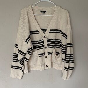 Oversized Cream & Olive Green Striped Button-Front Cardigan Sweater